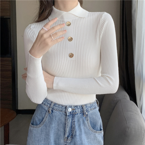 Real shot of core-spun yarn, half-turtleneck sweater for women, fashionable western-style button long-sleeved top, bottoming sweater