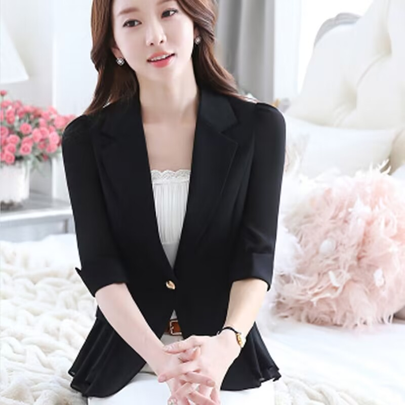 Spring, autumn and summer new style small blazer short slim fit one button three-quarter sleeves ruffled chiffon women's thin suit