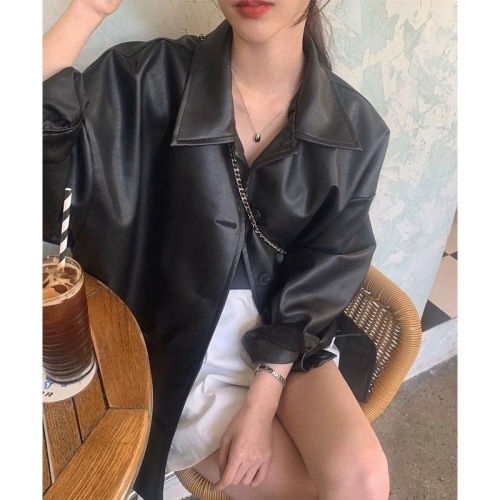 Korean handsome lapel single-breasted commuter leather jacket women's autumn new loose and versatile imitation leather jacket top