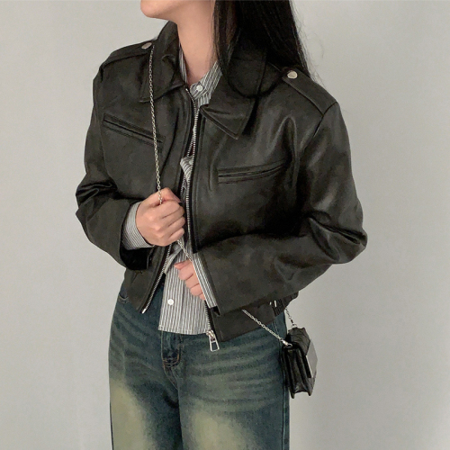Autumn and winter 23 Korean new short retro distressed jacket women's motorcycle top leather short jacket women
