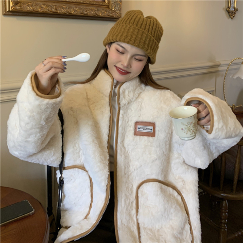 New winter lamb fleece fluffy loose versatile white thickened fleece lamb wool coat for women