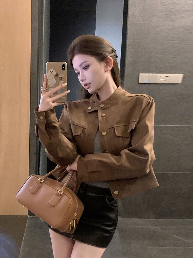 Real shot ~ casual suede jacket women's short motorcycle jacket autumn and winter retro high-end jacket top