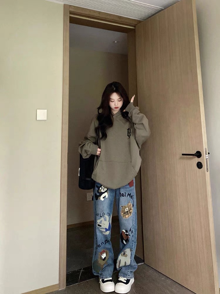 美式復古塗鴉印花牛仔褲女春秋新款設計感小眾直筒寬鬆闊腿褲子潮