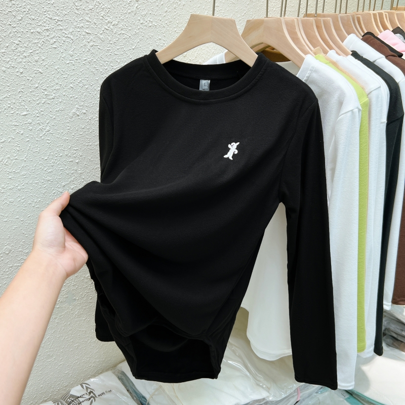 Actual shot of ammonia velvet embroidered autumn and winter brushed slit long-sleeved T-shirt for women thin velvet