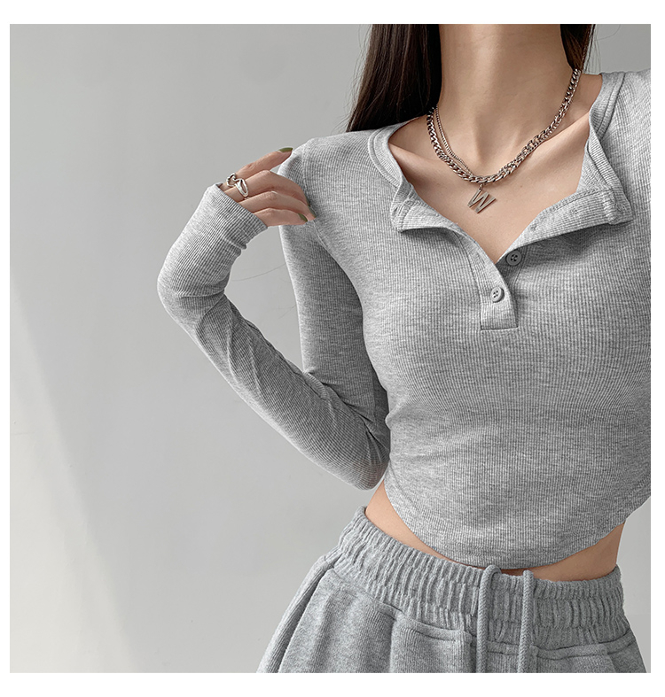 Official picture American gray slim long-sleeved bottoming shirt for women, design T-shirt, slimming navel-baring short top