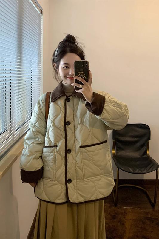 夾棉含內里羽絨棉外套女2023年冬季新款韓版撞色翻領菱格麵包服