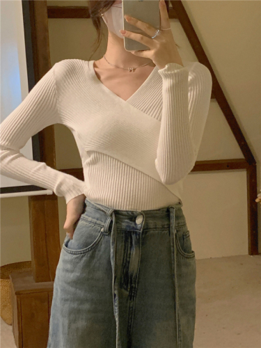 Actual shot ~ core-spun yarn cross knitted sweater for women, fashionable western buttoned long-sleeved top bottoming sweater