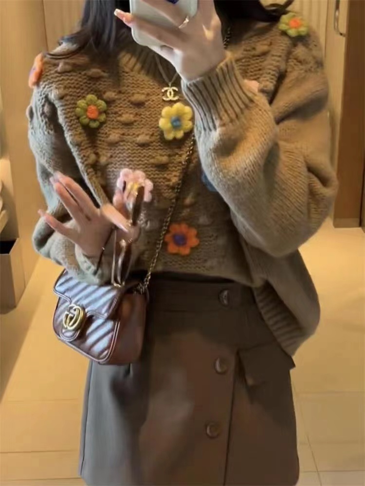 韓版時尚新款重工設計感立體小花針織衫秋冬加厚慵懶風打底毛衣女