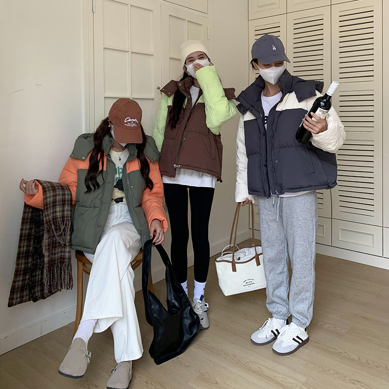 實拍 韓版拼色羽絨棉服連帽2023新款寬鬆小個子ins麵包服短外套潮