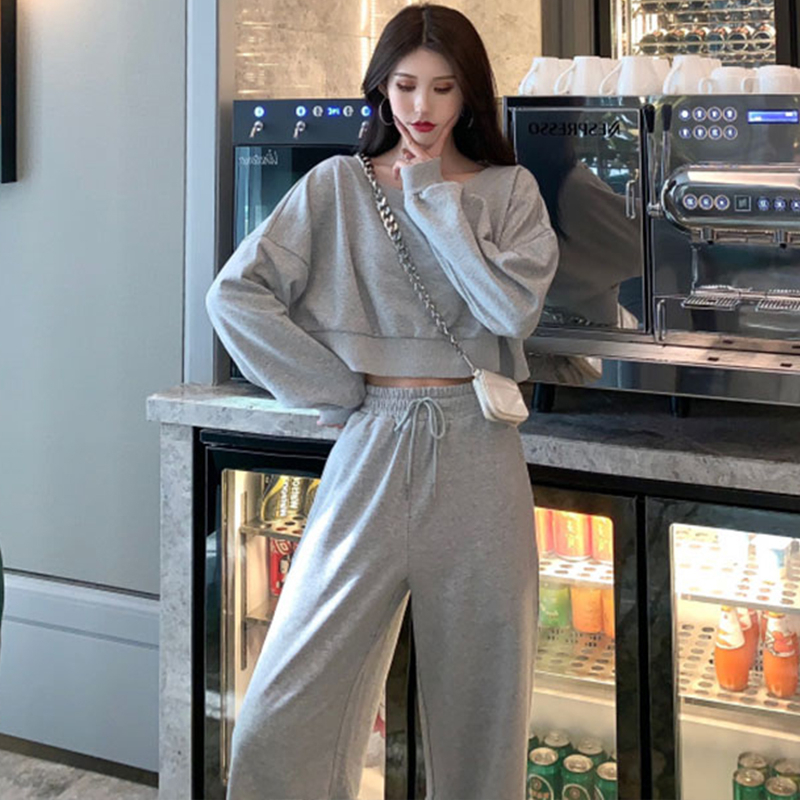 6535 cotton fish scale drawstring sports suit women's long-sleeved tops high-waisted pants casual two-piece set women's trendy