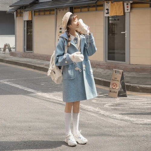 Autumn and winter new Korean version  Japanese college style loose horn button mid-length woolen coat jacket hooded for women