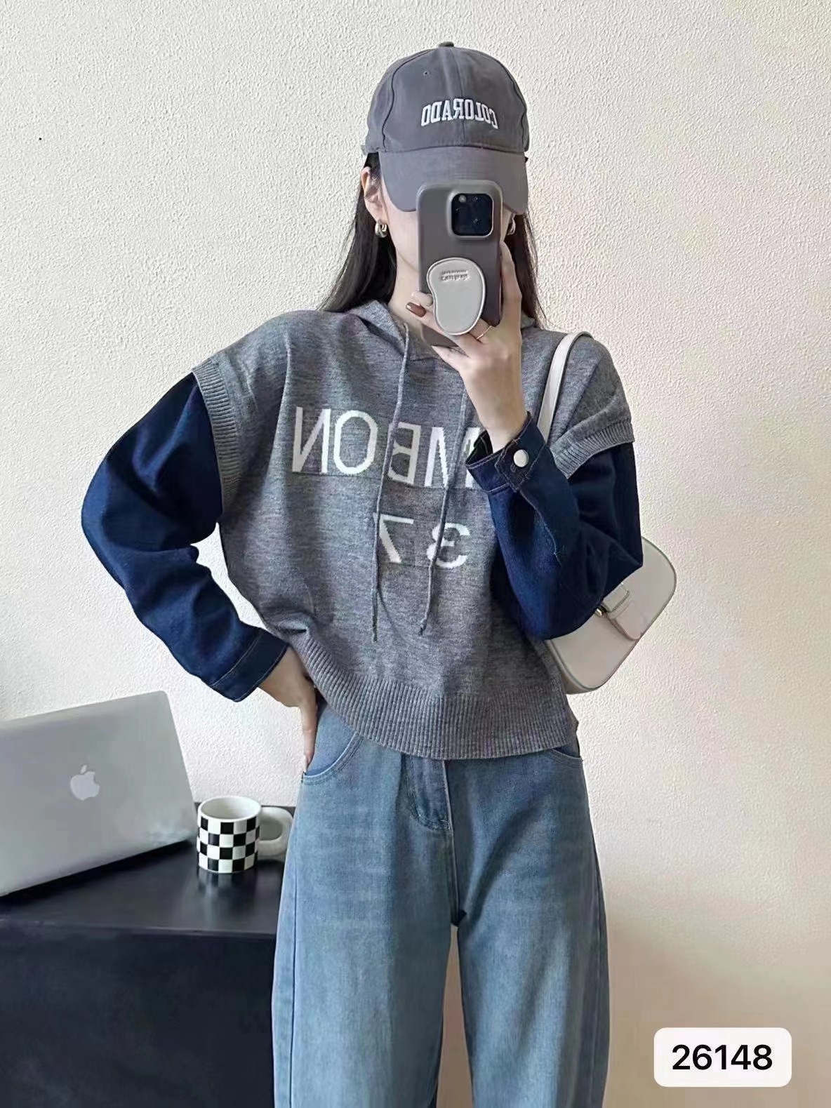 2023 new autumn and winter Korean style lazy style pullover hooded sweatshirt spliced ​​denim sleeve top for women