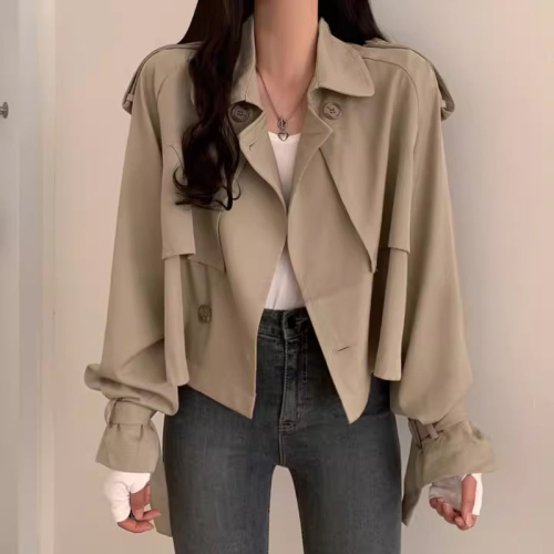 韩国chic复古西装领双排扣宽松别致袖口设计短款风衣外套