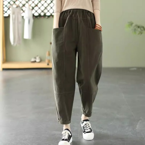  Autumn and Winter pure cotton elastic waist loose twill washed cotton solid color trousers for women casual slimming harem pants for women