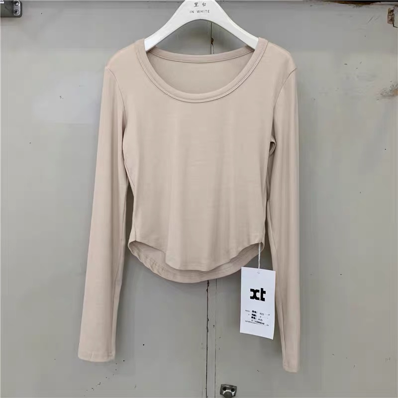 U-neck slim slimming bottoming shirt for women autumn 2023 new style small right shoulder all-match long-sleeved T-shirt short top