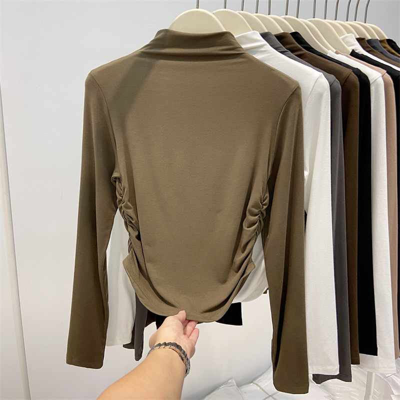 Half turtleneck bottoming shirt, autumn and winter solid color small stand collar long-sleeved T-shirt, feminine pleated waist short top