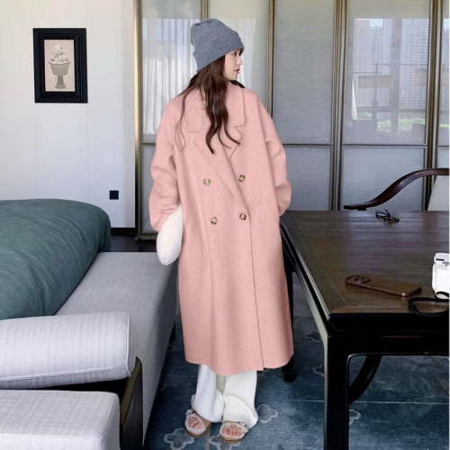 Oatmeal color double-sided cashmere woolen coat for women autumn and winter  new Korean style over-the-knee woolen coat