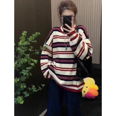 日系慵懶風圓領撞色條紋毛衣女秋冬2023新款女裝軟糯針織衫上衣女
