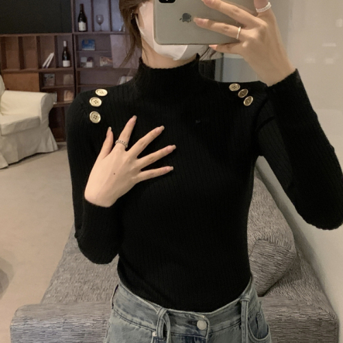 Real shot of core-spun yarn, half-turtleneck sweater for women, fashionable western-style button long-sleeved top, bottoming sweater