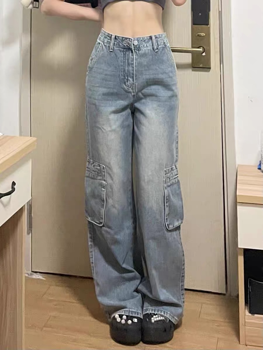 美式復古直筒工裝牛仔褲女秋冬季小眾設計感高腰垂感拖地闊腿褲子