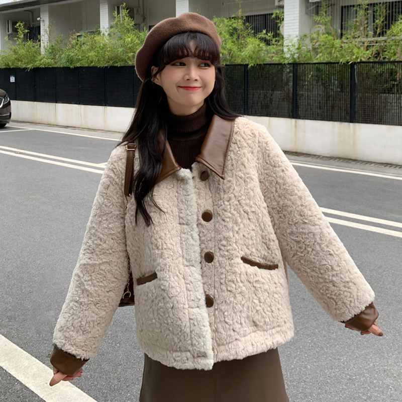 Official picture original quality small fragrant style polo collar spliced ​​lamb wool jacket for women