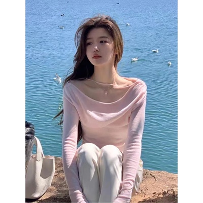 露肩鎖骨一字肩針織衫女純欲溫柔系凡爾賽上衣淡粉色超仙打底衫薄