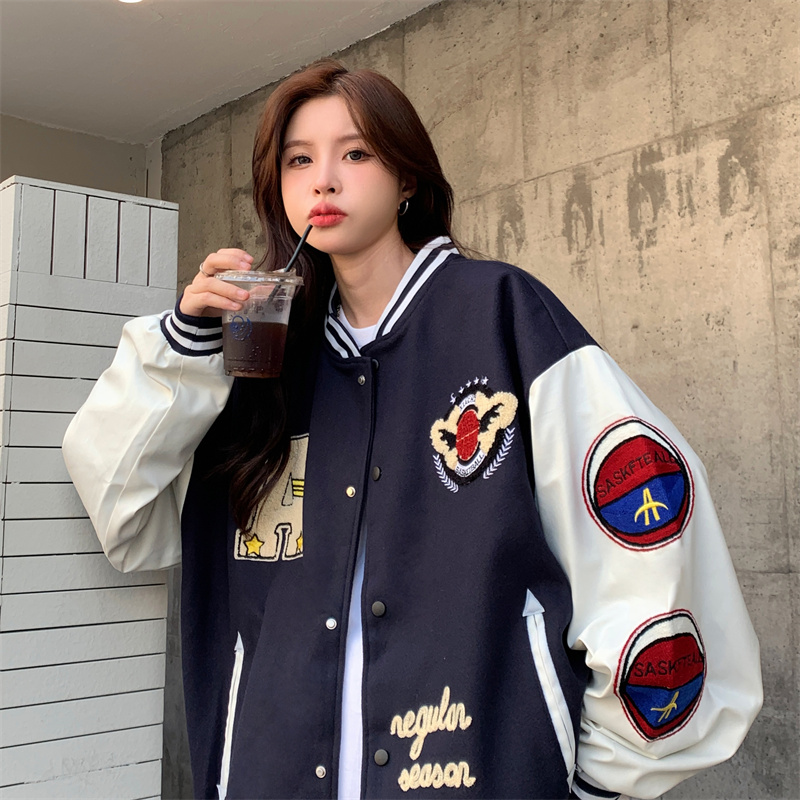 Real shot vintage baseball uniform oversize high street jacket women's American style 2023 new spring and autumn couple autumn