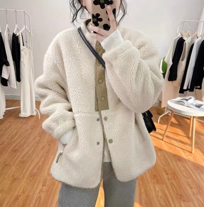 Winter thickened Korean style plus size women's stand collar lamb wool coat loose color matching thickened coat M-4XL 200 catties