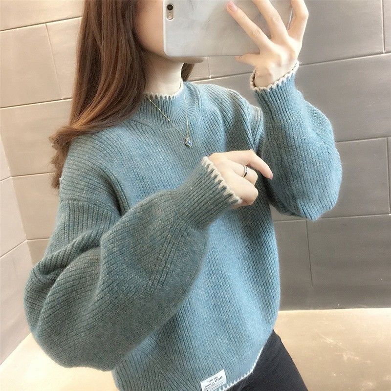 半高領毛衣女寬鬆外穿2023新款秋冬打底衫短款小個子針織衫上衣厚