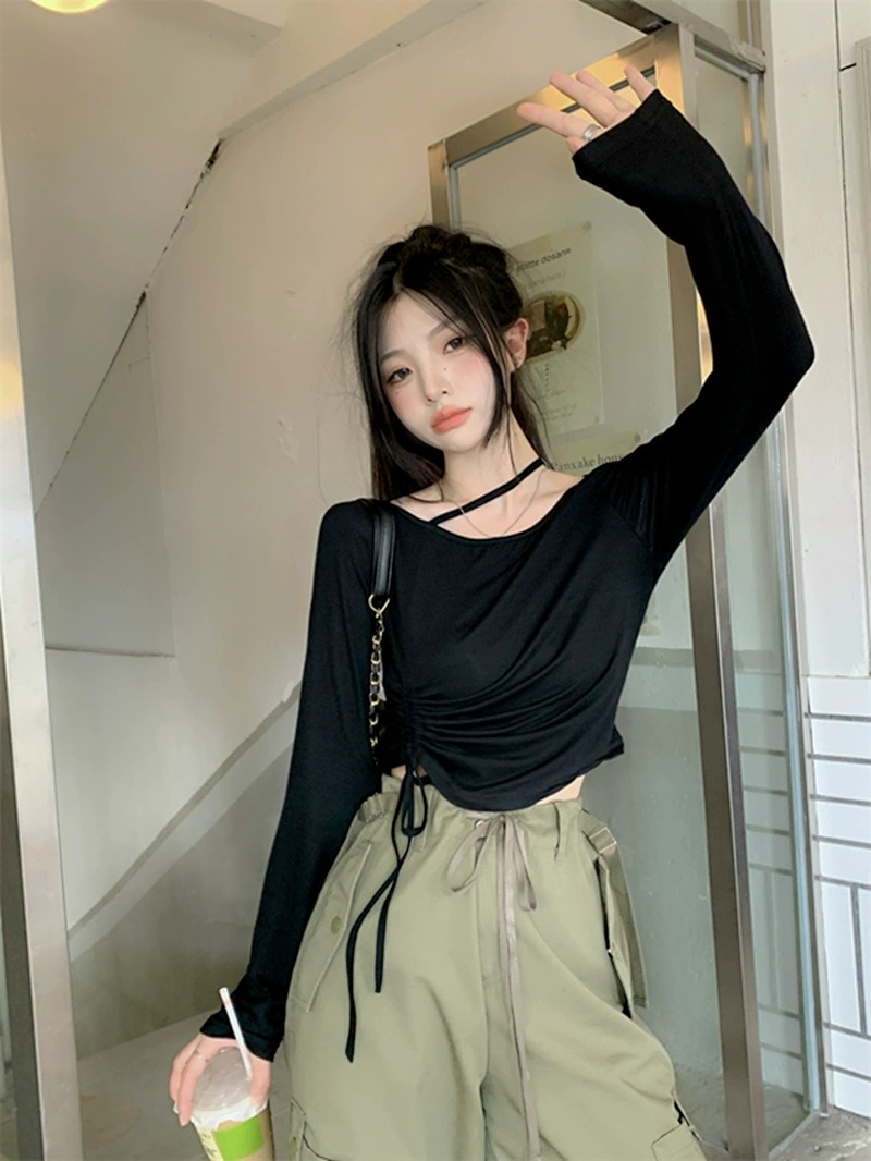 辣妹露肩掛脖抽繩長袖t恤女早秋季設計感小心機別致顯瘦短款上衣
