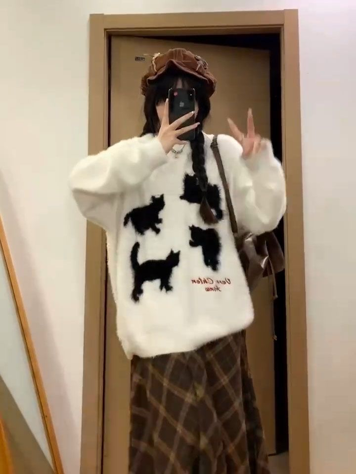 軟糯慵懶風貓咪毛衣女秋冬2023新款設計感復古寬鬆減齡圓領針織衫