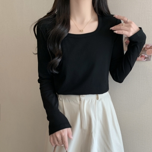 Actual shot of ammonia velvet brushed long-sleeved T-shirt for women with square collar, collarbone, high waist, short bottoming shirt