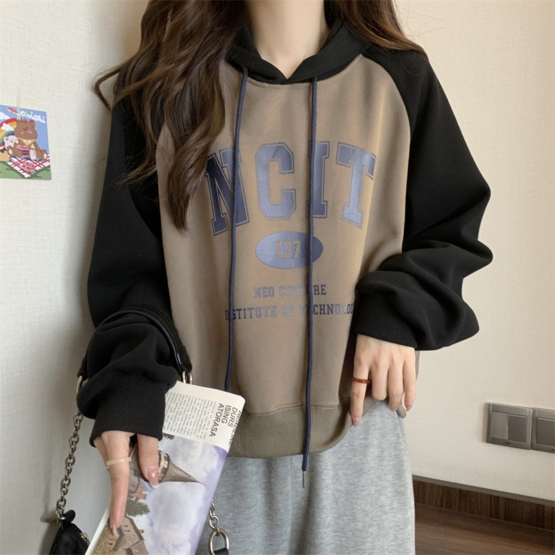 新款雙層帽 薄款衛衣女連帽印花拼接