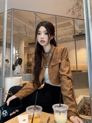 Designed brown retro leather jacket for women  spring small Hong Kong style short pu deerskin jacket top