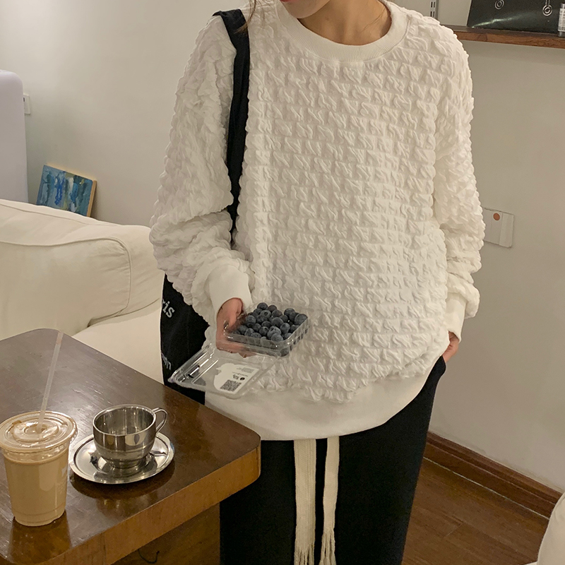5022#實拍韓版提花褶皺圓領套頭衛衣秋冬季寬鬆休閒小眾加厚上衣