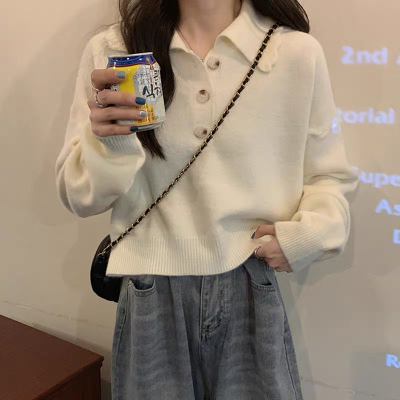天貓品質韓版慵懶甜美外穿長袖毛衣寬鬆套頭polo領上衣潮