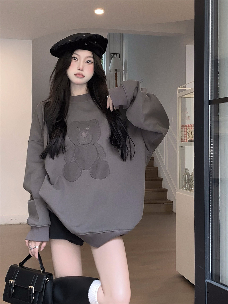 實拍 小熊刺繡寬鬆秋季百搭衛衣女休閒圓領小眾上衣