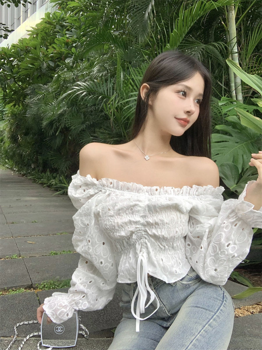 實拍 法式一字肩甜美泡泡袖襯衫女系帶褶皺抽繩氣質短上衣