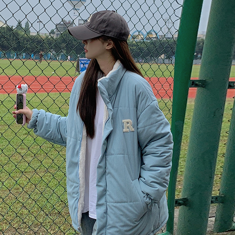 實拍燈芯絨立領情侶裝2023冬韓版羽絨服羊羔毛棉衣港風雙面穿棉服