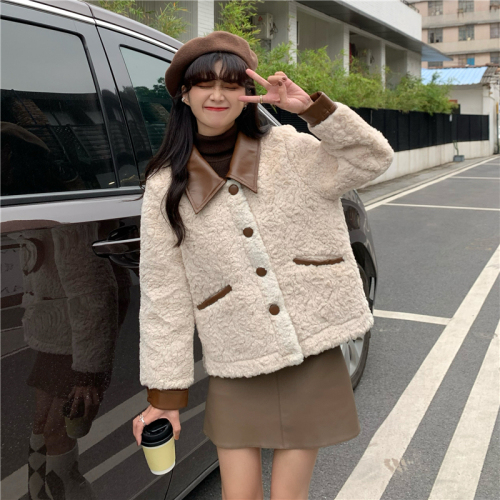 Official picture original quality small fragrant style polo collar spliced ​​lamb wool jacket for women