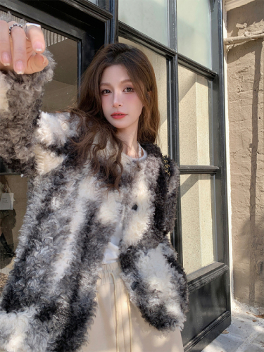 Actual shot of Korean chic splash-ink high-end atmospheric furry quilted warm jacket