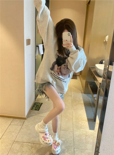 Official picture European and American high street cat print sweatshirt for women early autumn  new loose round neck mid-length top