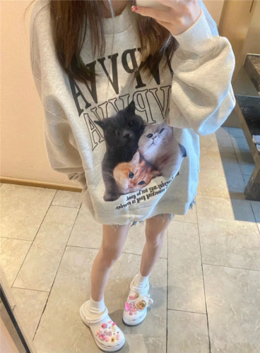 Official picture European and American high street cat print sweatshirt for women early autumn  new loose round neck mid-length top