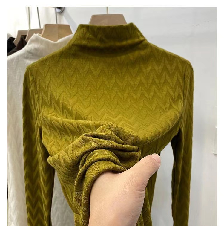 德絨提花#德絨半高領打底衫女秋冬保暖上衣洋氣修身長袖T恤