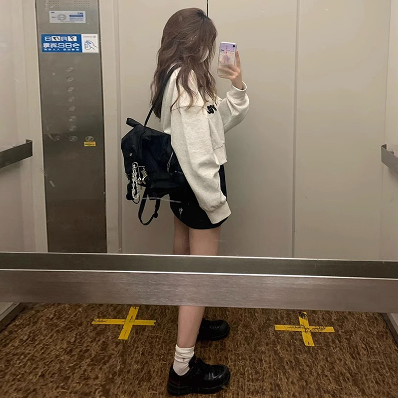 美式復古圓領衛衣女小個子春秋季2023新款寬鬆慵懶風短款上衣
