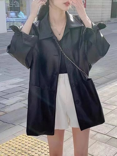 Korean Lapel Single Breasted Leather Jacket Women's Autumn New Loose Versatile Fake Leather Jacket Top