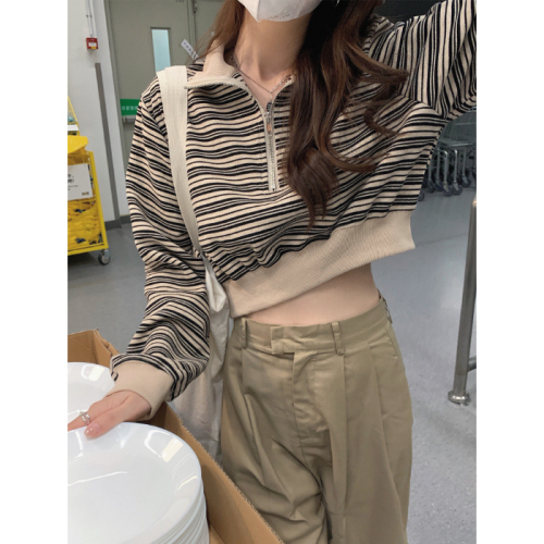 Real shot of half-zip stand-up collar striped short pullover sweatshirt for women  spring and autumn new long-sleeved top