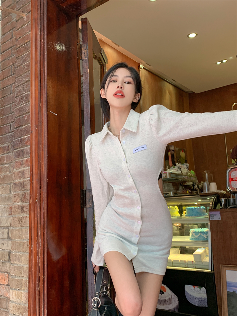 實拍  性感辣妹鏤空POLO領純色顯瘦連衣裙女ins百搭裙子