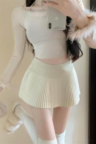 Real shot ~ hot girl with long legs showing pure desire knitted pleated skirt elastic woolen sexy A-line mini skirt