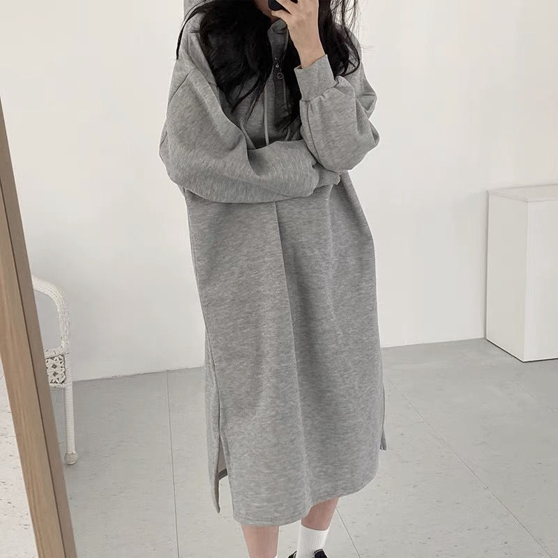 250克大衛衣 雙層帽 秋冬季韓版簡約休閒開叉連衣裙衛衣女